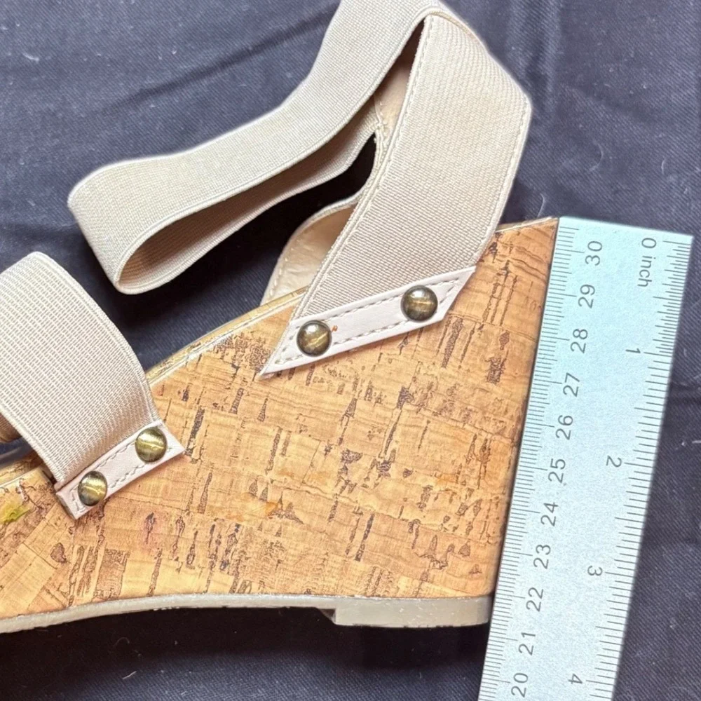 Esprit Beige Elastic Strap Cork Wedge Sandals Studded Boho Platform Heels Size 9